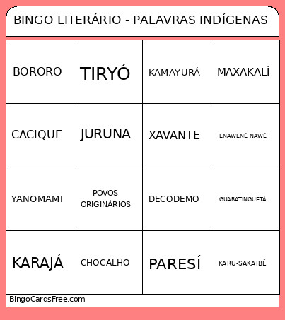 LITERÁRIO - PALAVRAS INDÍGENAS Bingo Card