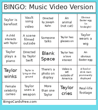 : Music Video Version Bingo Card