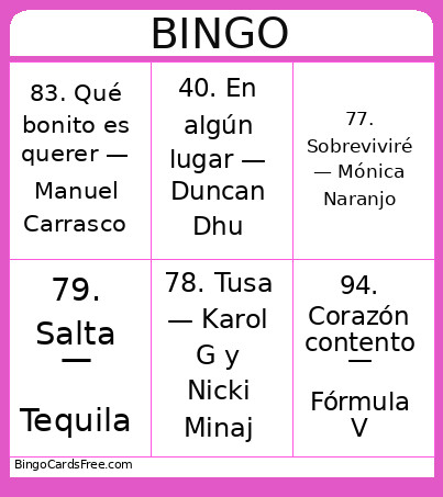 Musical 2 Bingo Card