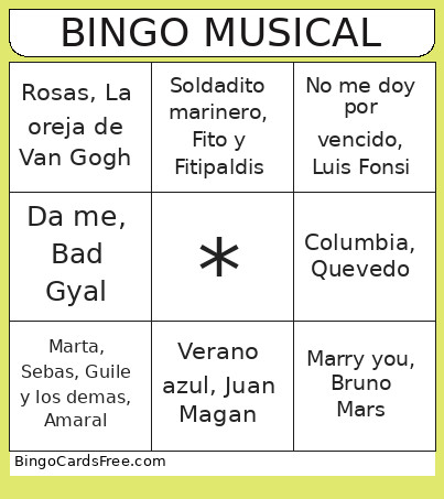 Musical Bingo Card