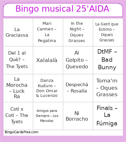 Musical 25'AIDA Bingo Card