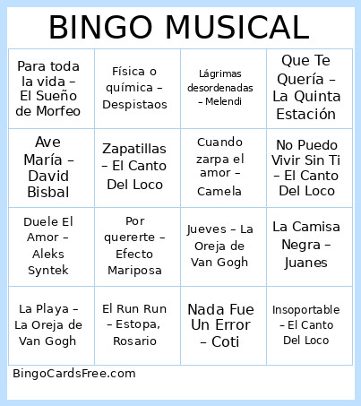 MUSICAL Bingo Card