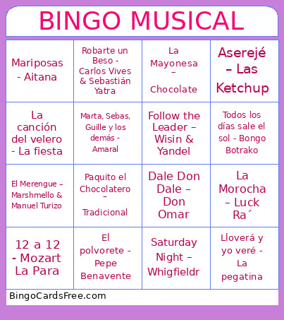 Musical Bingo Card
