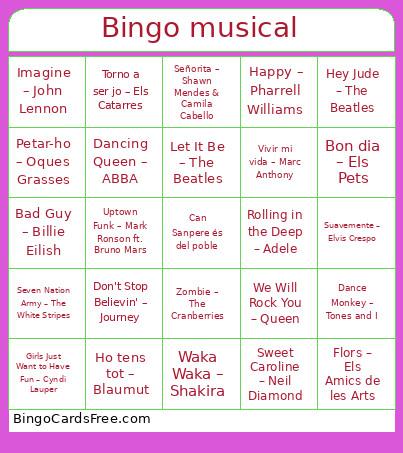 Musical Bingo Card