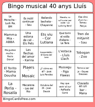 Musical 40 Anys Lluís Bingo Card