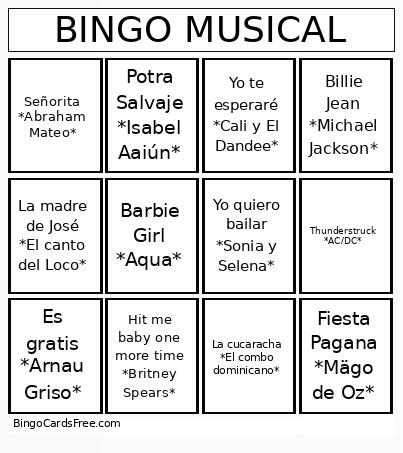 MUSICAL Bingo Card