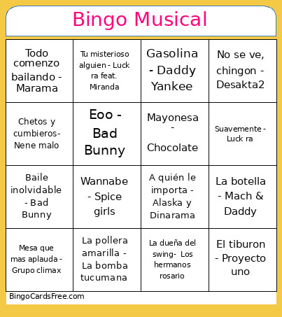 Musical Bingo Card