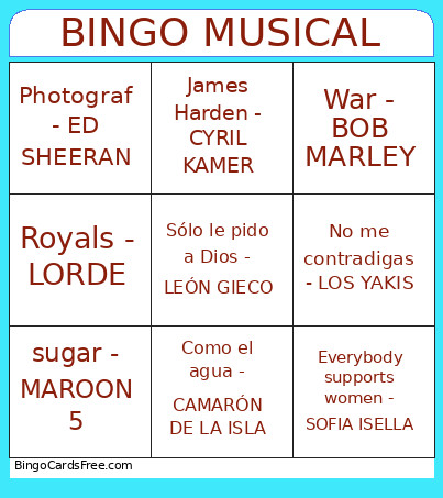 Musical Bingo Card