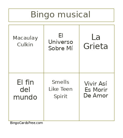 Musical Bingo Card
