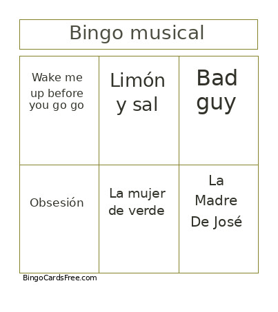 Musical Bingo Card