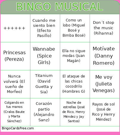 Musical Bingo Card