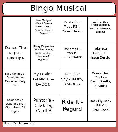 Musical Bingo Card