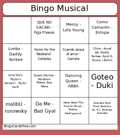 Musical Bingo Card