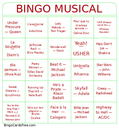 Musical Bingo Card