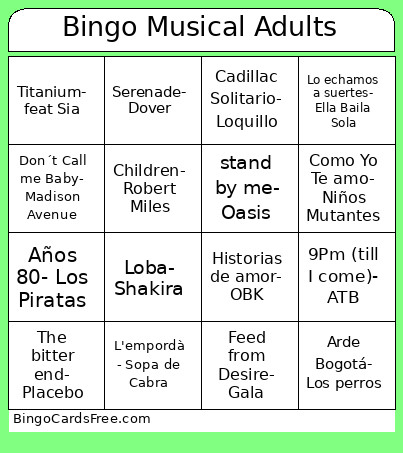 Musical Adults Bingo Card