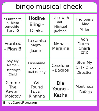 Musical Check Bingo Card