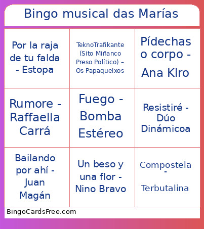 Musical Das Marías Bingo Card