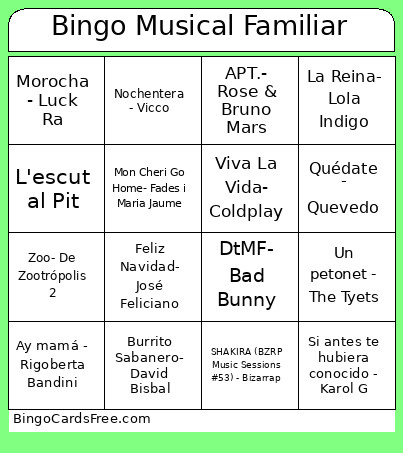 Musical Familiar Bingo Card