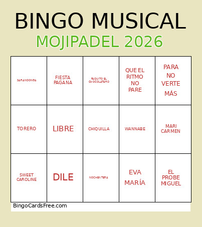 Musical MOJIPADEL Bingo Card