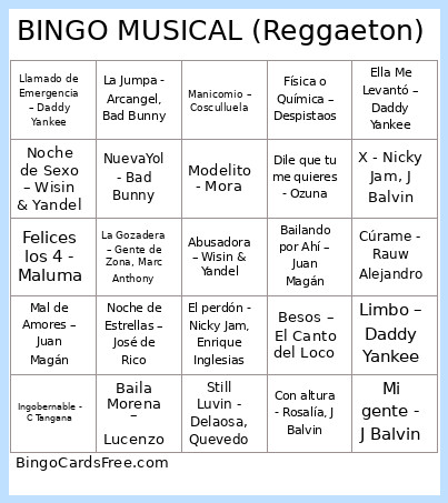 MUSICAL (Reggaeton) Bingo Card