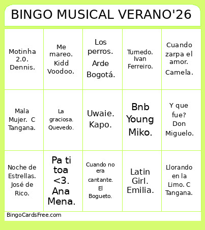 Musical Verano 26 Bingo Card