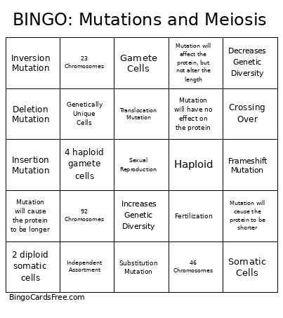 : Mutations And Meiosis Bingo Card