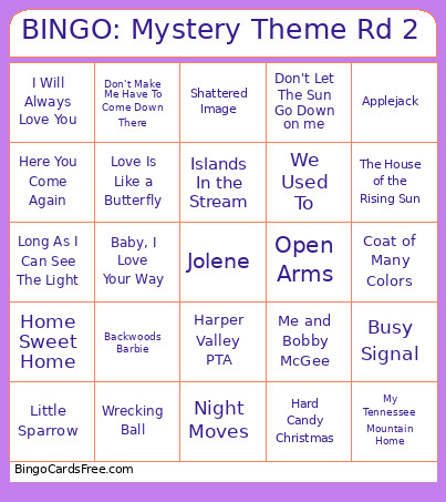 : Mystery Theme Rd 2 Bingo Card