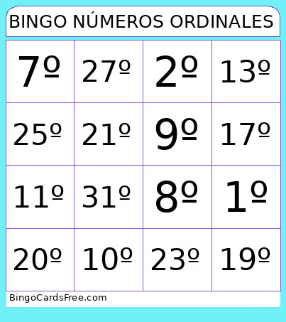 NÚMEROS ORDINALES Bingo Card