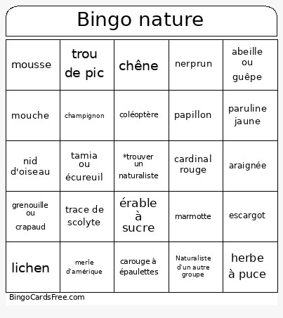 Nature Bingo Card