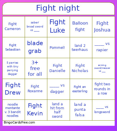 Night Fight Bingo Card