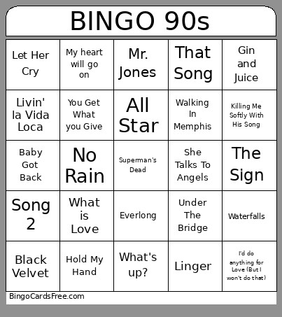 Nineties Bingo Card
