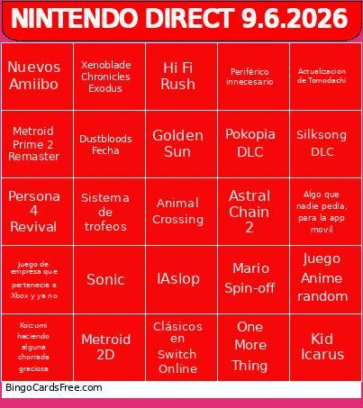 Nintendo Direct 2026 Bingo Card