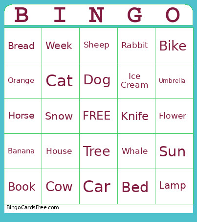 , No Pictures Bingo Card