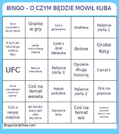 - O CZYM BĘDZIE MÓWIŁ KUBA Bingo Card
