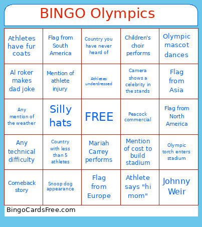 Olympics Bingo Card