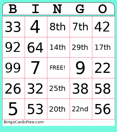 ORDINAL AND INAL NUMBERS Bingo Card