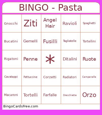 - Pasta Bingo Card
