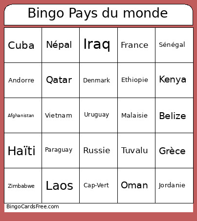 Pays Du Monde Bingo Card
