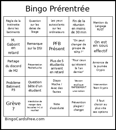 Prérentrée Bingo Card