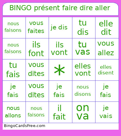 Présent Faire Dire Aller Bingo Card