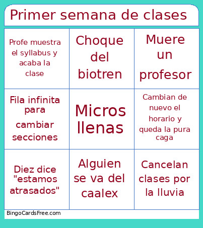 Primer Semana De Clases Bingo Card