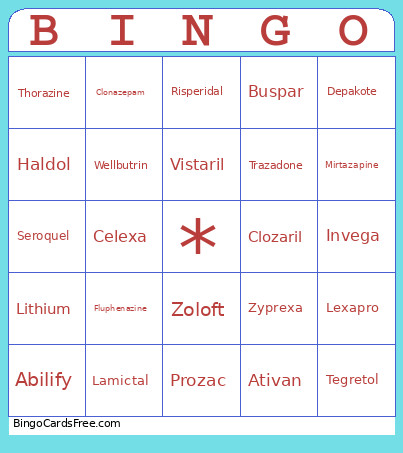 Psychiatric Medications Bingo Card
