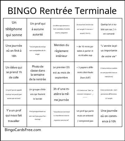 Rentrée Terminale Bingo Cards Free Pdf Printable Game, Title: BINGO Rentrée Terminale