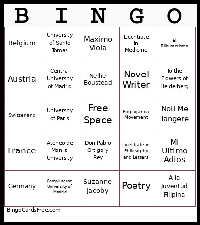 RIZAL Bingo Card