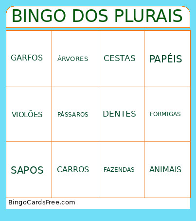 Singular E Plural Bingo Card