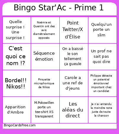 Star'Ac - Prime 1 Bingo Card