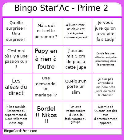 Star'Ac - Prime 2 Bingo Card