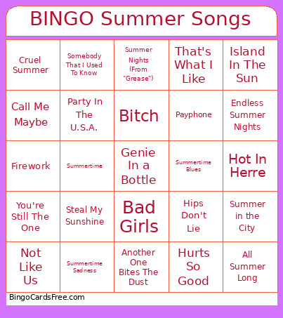 Summer Songs Bingo Card