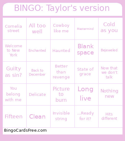: Taylor's Version Bingo Card