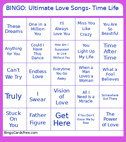 : Ultimate Love Songs- Time Life Bingo Card